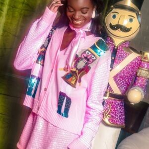 QUEEN OF SPARKLES Pink Sequin Nutcracker Cardigan large l sweater